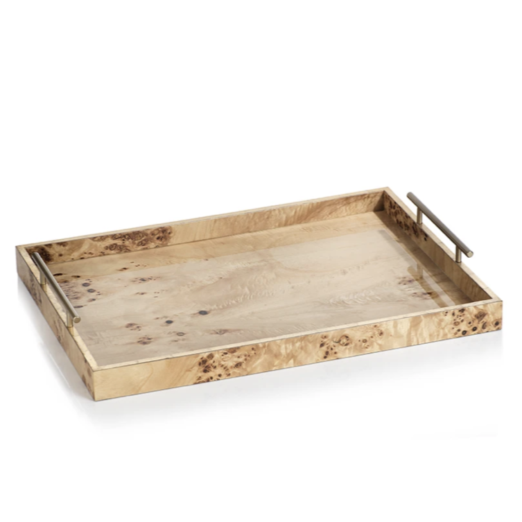 Burl wood tray with gold handles